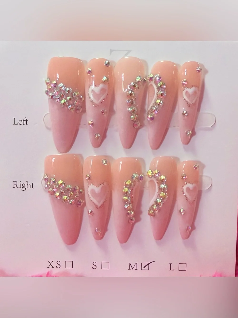 Peach Pink Rhinestone Heart Press-On Nails - Brand